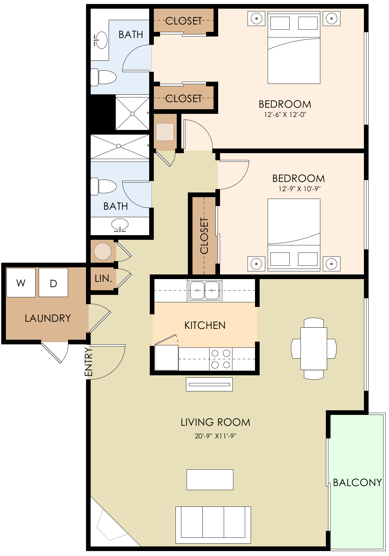 Floor plan for 2 beds, 2 baths, 1148 sqft